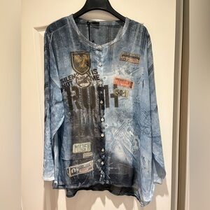 OP Sheer Light Blue Denim-Print Button Shirt with Stud and Patch Accents
